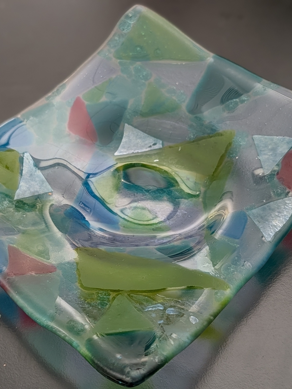 Hand Crafted Fused Glass Serving Dish - Blue, Green & Pink Accents